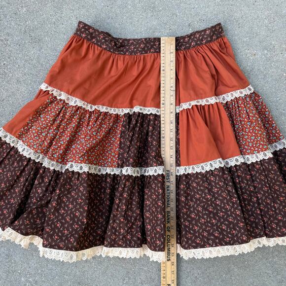 Vintage 70s 80s Orange Brown Calico Floral Ruffle Lace Circle Square Dance Skirt - Picture 6 of 8